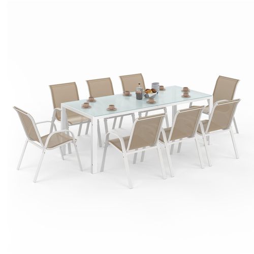 Salon De Jardin Madrid Table 190 Cm Et 8 Chaises Empilables Blanc Et Beige