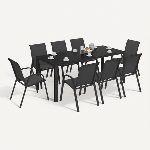 Salon De Jardin Madrid Table 190 Cm Et 8 Chaises Empilables Noires