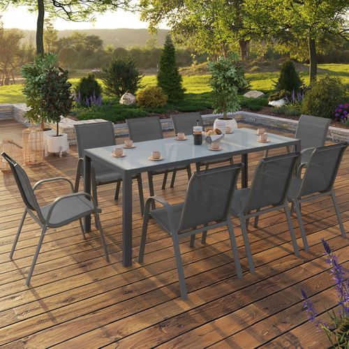 Salon De Jardin Madrid Table 190 Cm Et 8 Chaises Empilables Gris Anthracite Plateau Transparent