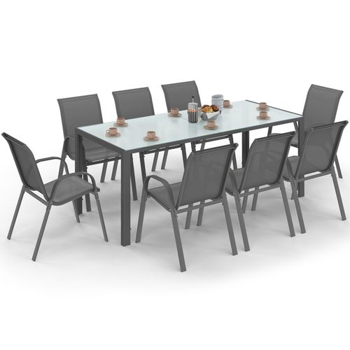 Salon De Jardin Madrid Table 190 Cm Et 8 Chaises Empilables Gris Anthracite Plateau Transparent