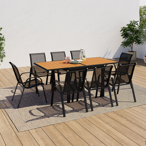 Salon De Jardin Poly Table Extensible 90-180 Cm Et 8 Chaises Bois Et Noir