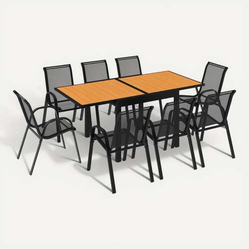 Salon De Jardin Poly Table Extensible 90-180 Cm Et 8 Chaises Bois Et Noir