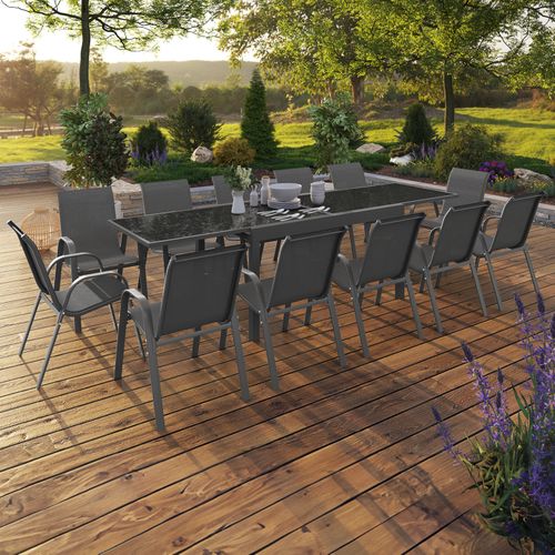 Salon De Jardin Madrid Table Extensible Gris 135-270 Cm Et 12 Chaises Empilables Gris Anthracite