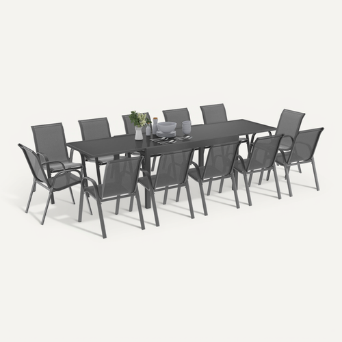 Salon De Jardin Madrid Table Extensible Gris 135-270 Cm Et 12 Chaises Empilables Gris Anthracite