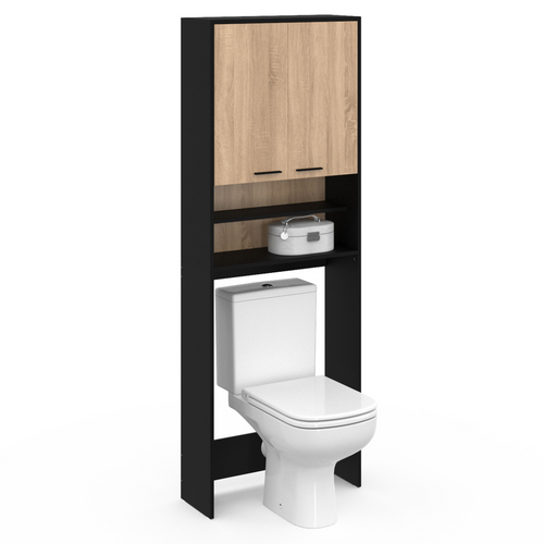 Meuble Étagères De Rangement Dessus Machine à Laver Et Wc Wallis Noir Et Bois Façon Hêtre