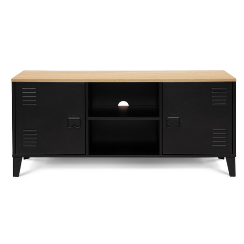 Meuble TV 113 Cm Ester 2 Portes Métal Noir Et Plateau Bois Design Industriel