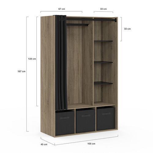 Dressing Penderie Diane 105 X 45 X 167 Cm Hêtre Avec étagères + Boites De Rangement + Rideau Noir