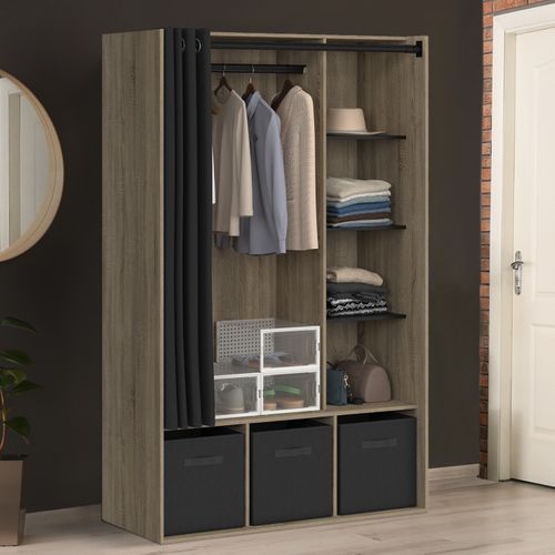 Dressing Penderie Diane 105 X 45 X 167 Cm Hêtre Avec étagères + Boites De Rangement + Rideau Noir