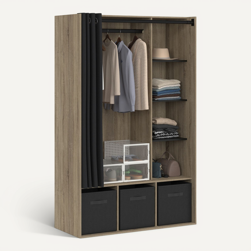 Dressing Penderie Diane 105 X 45 X 167 Cm Hêtre Avec étagères + Boites De Rangement + Rideau Noir