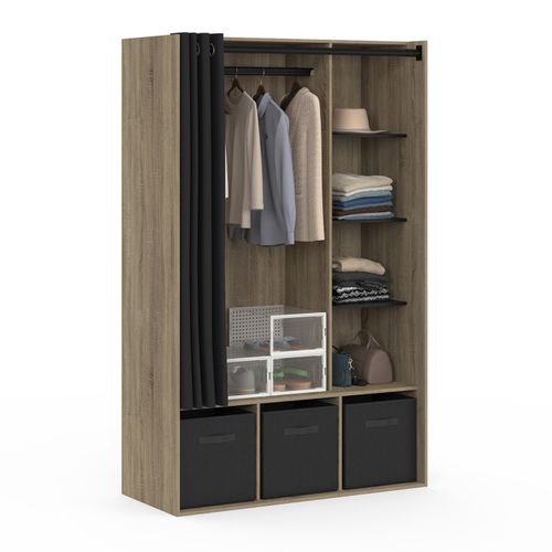 Dressing Penderie Diane 105 X 45 X 167 Cm Hêtre Avec étagères + Boites De Rangement + Rideau Noir