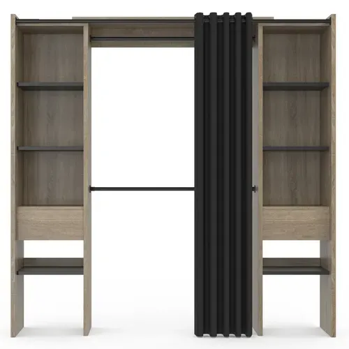 Dressing Extensible Double Bois Et Noir Meryl 120/180x180cm Rideau + Double Penderie + Étagères