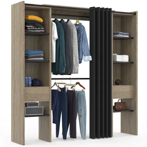Dressing Extensible Double Bois Et Noir Meryl 120/180x180cm Rideau + Double Penderie + Étagères