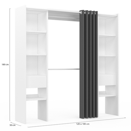 Dressing Extensible Double Blanc Et Gris Meryl 120/180x180cm Rideau + Double Penderie + Étagères