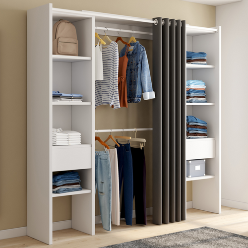 Dressing Extensible Double Blanc Et Gris Meryl 120/180x180cm Rideau + Double Penderie + Étagères