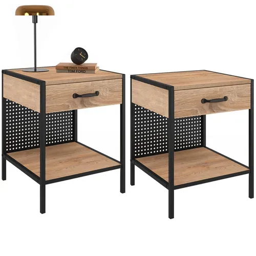 Lot De 2 Tables De Chevet Preston 1 Tiroir Avec Tablette Acier Perforé Design Industriel