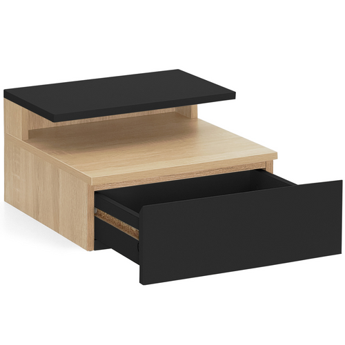 Lot De 2 Tables De Chevet Murales Tomi + 1 Tablette Bois Façon Hêtre Et Tiroir Noir