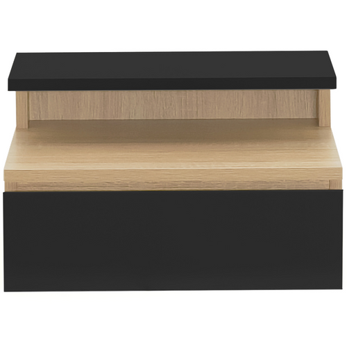 Lot De 2 Tables De Chevet Murales Tomi + 1 Tablette Bois Façon Hêtre Et Tiroir Noir