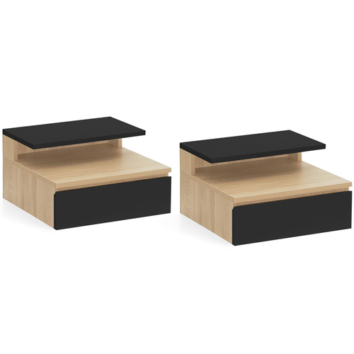 Lot De 2 Tables De Chevet Murales Tomi + 1 Tablette Bois Façon Hêtre Et Tiroir Noir