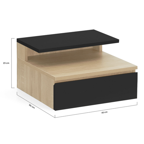 Lot De 2 Tables De Chevet Murales Tomi + 1 Tablette Bois Façon Hêtre Et Tiroir Noir
