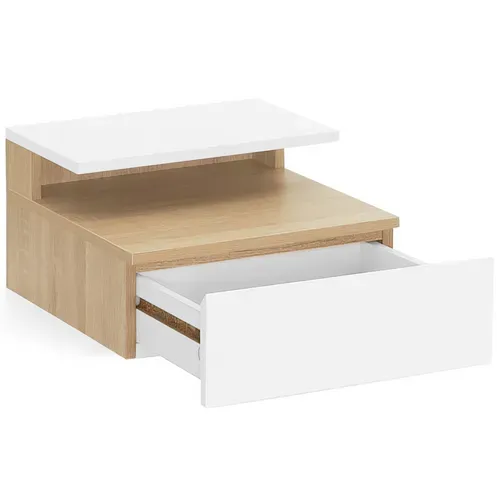 Lot De 2 Tables De Chevet Murales Tomi + 1 Tablette Bois Façon Hêtre Et Tiroir Blanc