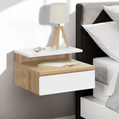 Lot De 2 Tables De Chevet Murales Tomi + 1 Tablette Bois Façon Hêtre Et Tiroir Blanc