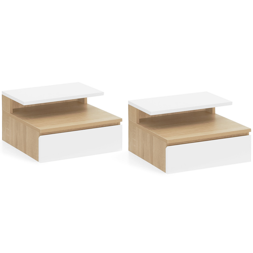 Lot De 2 Tables De Chevet Murales Tomi + 1 Tablette Bois Façon Hêtre Et Tiroir Blanc