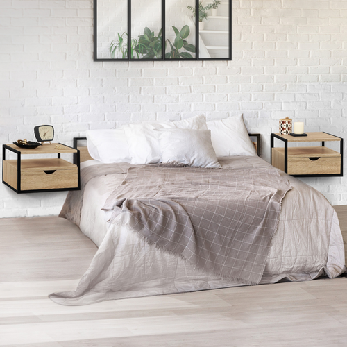 Lot De 2 Tables De Chevet Murales Detroit 1 Tiroir + 1 Tablette Suspendus Bois Et Métal Noir Design