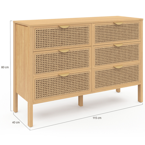 Commode 6 Tiroirs Edhen 115 Cm Bois Et Cannage