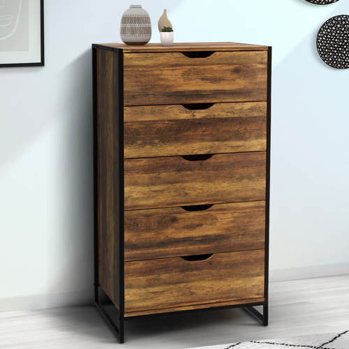 Chiffonnier 5 Tiroirs Hawkins 60 Cm Commode Semainier Bois Foncé Design Industriel