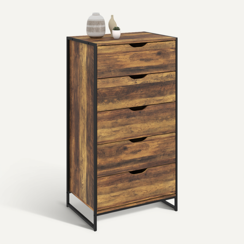 Chiffonnier 5 Tiroirs Hawkins 60 Cm Commode Semainier Bois Foncé Design Industriel