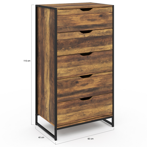 Chiffonnier 5 Tiroirs Hawkins 60 Cm Commode Semainier Bois Foncé Design Industriel