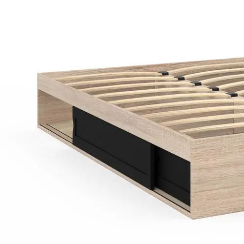 Cadre De Lit Double Salem Avec Rangements Et Sommier 140 X 190 Cm Façon Hêtre Et Noir