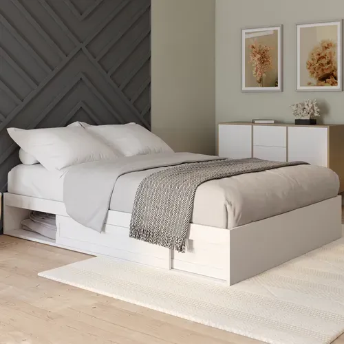 Cadre De Lit Double Salem Avec Rangements Et Sommier 160 X 200 Cm Blanc