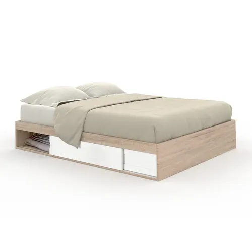 Cadre De Lit Double Salem Avec Rangements Et Sommier 160 X 200 Cm Façon Hêtre Et Blanc