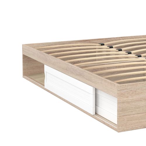 Cadre De Lit Double Salem Avec Rangements Et Sommier 160 X 200 Cm Façon Hêtre Et Blanc