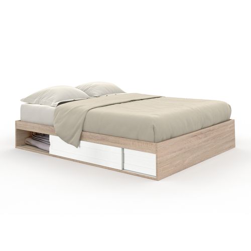 Cadre De Lit Double Salem Avec Rangements Et Sommier 160 X 200 Cm Façon Hêtre Et Blanc