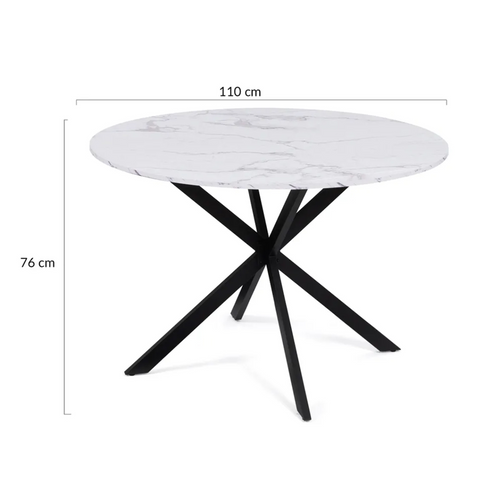 Table à Manger Ronde Alix 6 Personnes Pied Araignée Noir Et Plateau Effet Marbre Blanc Alaska 110 Cm