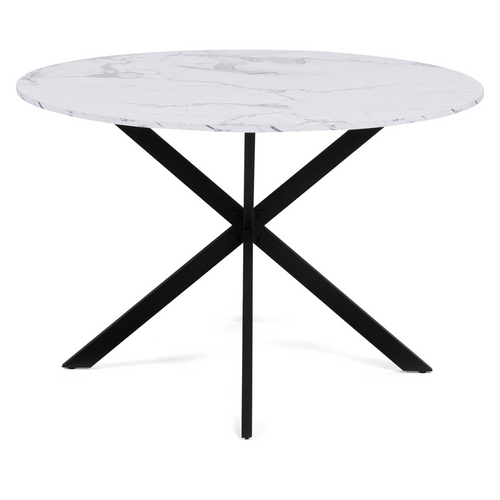 Table à Manger Ronde Alix 6 Personnes Pied Araignée Noir Et Plateau Effet Marbre Blanc Alaska 110 Cm