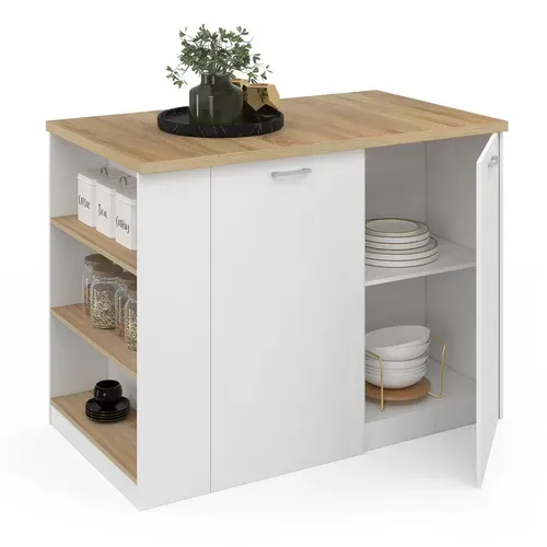 Ilot Central Tibo 120 Cm Bois Blanc Avec Plan De Travail Façon Hêtre