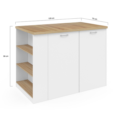 Ilot Central Tibo 120 Cm Bois Blanc Avec Plan De Travail Façon Hêtre