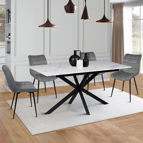 Table à Manger Extensible Rectangle Alix 6-10 Personnes Pied Araignée Noir Plateau Effet Marbre Blan