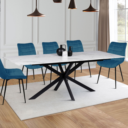 Table à Manger Extensible Rectangle Alix 6-10 Personnes Pied Araignée Noir Plateau Effet Marbre Blan