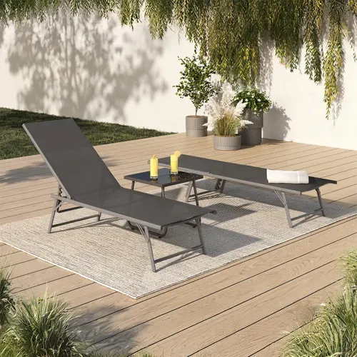 Lot De 2 Transats De Jardin Inclinables Kailua En Acier Gris Anthracite Et Toile Grise
