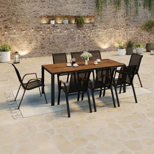 Ensemble Table Et Assise Noumea Table 190 Cm Plateau Effet Bois Et 8 Chaises Empilables Noir Et Bois