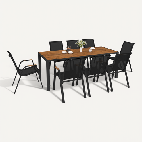 Ensemble Table Et Assise Noumea Table 190 Cm Plateau Effet Bois Et 8 Chaises Empilables Noir Et Bois