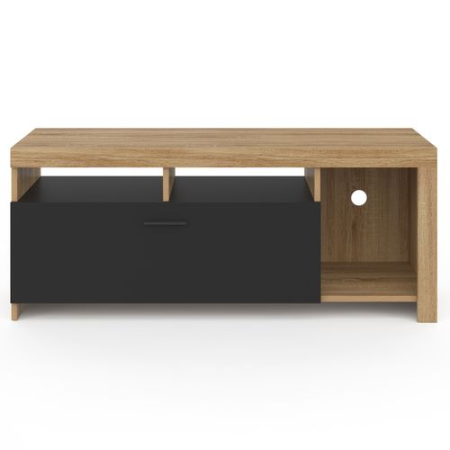 Meuble TV MALO 180 Cm - Design Bois Et Noir - 2 Placards + 4 Niches - Plateau Pour écran Jusqu'à 70 Pouces - À Monter Soi-même - 9