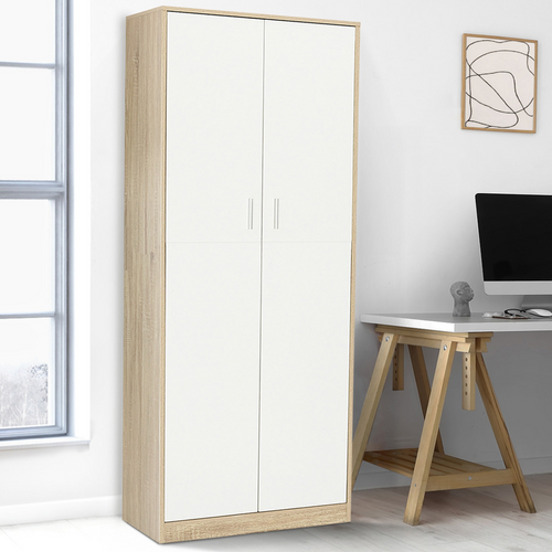 Armoire De Bureau 190 Cm Multifonction Maria Bois Et Blanc 2 Portes 4 Étagères
