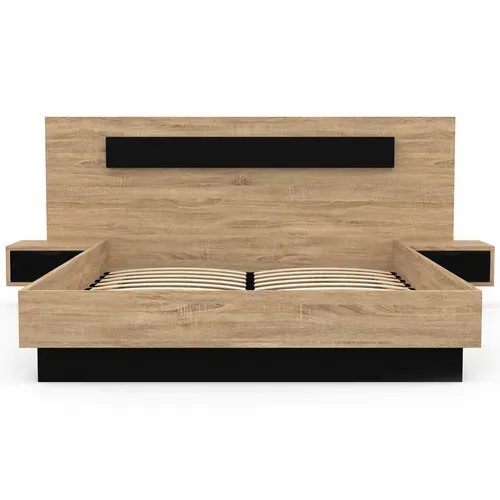 Lit Double Santa Avec Tête De Lit + Tables De Chevet Intégrées Et Sommier 140 X 190 Cm Bois Et Noir
