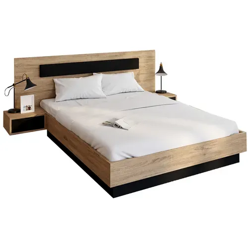 Lit Double Santa Avec Tête De Lit + Tables De Chevet Intégrées Et Sommier 140 X 190 Cm Bois Et Noir