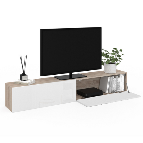Meuble TV 180 Cm Suspendu Elio 2 Portes Bois Et Blanc
